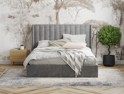 Tulawie Beige Grey Velvet Drawer Bed Frame