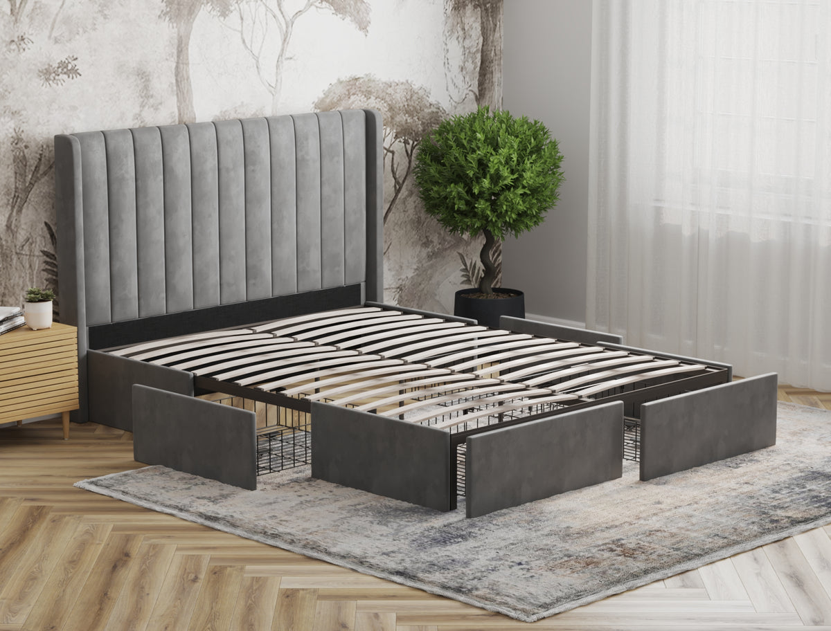 Tulawie Beige Grey Velvet Drawer Bed Frame