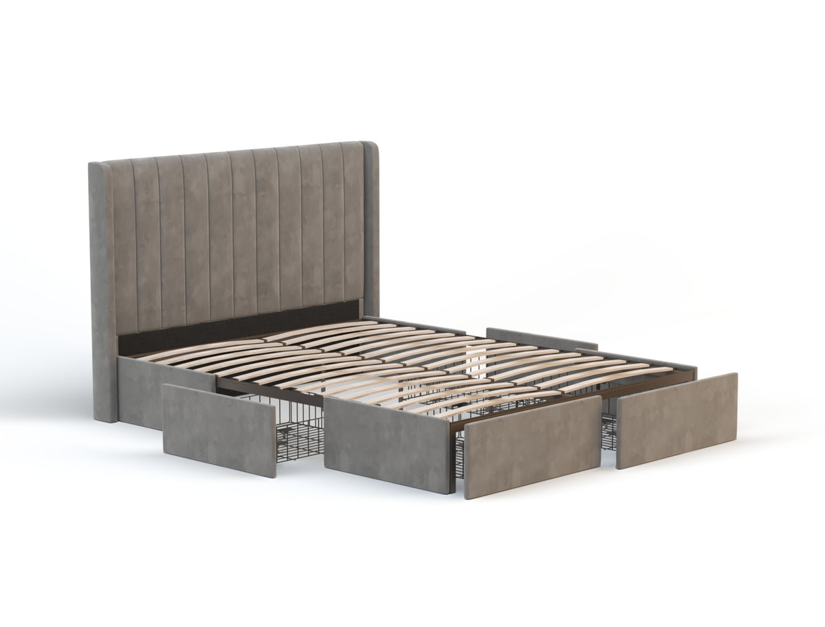 Tulawie Beige Grey Velvet Drawer Bed Frame