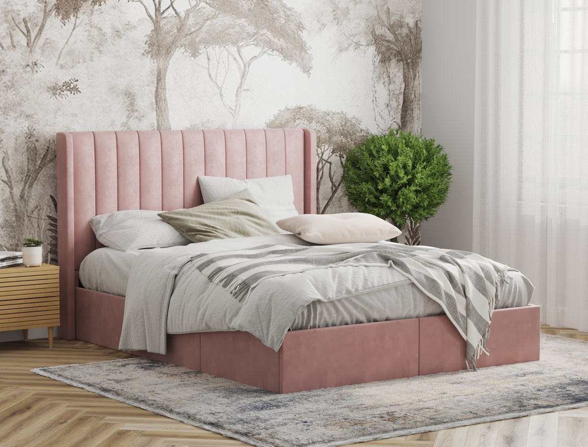 Tulawie Beige Pink Velvet Drawer Bed Frame