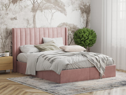 Tulawie Beige Pink Velvet Drawer Bed Frame