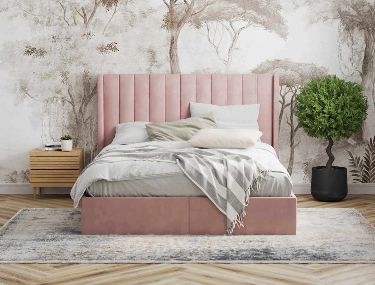 Tulawie Beige Pink Velvet Drawer Bed Frame