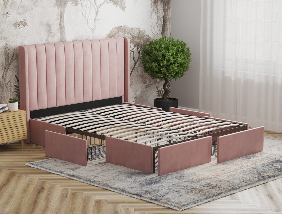 Tulawie Beige Pink Velvet Drawer Bed Frame