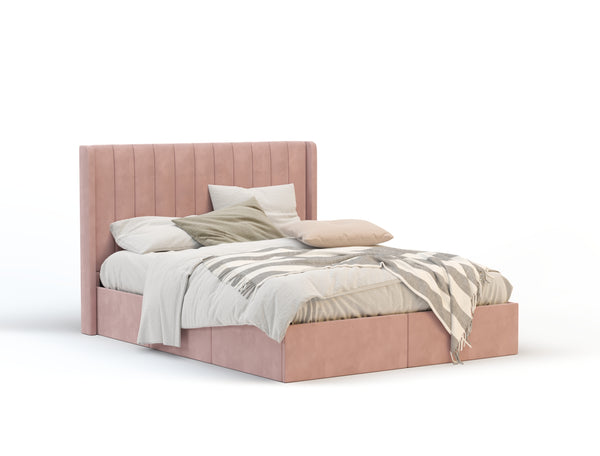 Tulawie Beige Pink Velvet Drawer Bed Frame