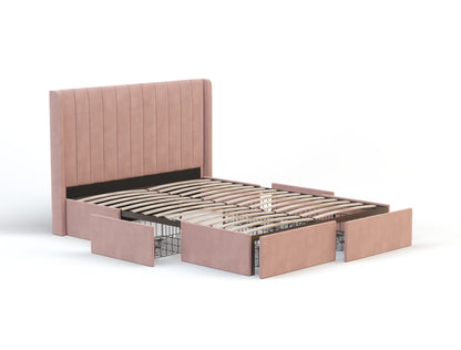 Tulawie Beige Pink Velvet Drawer Bed Frame