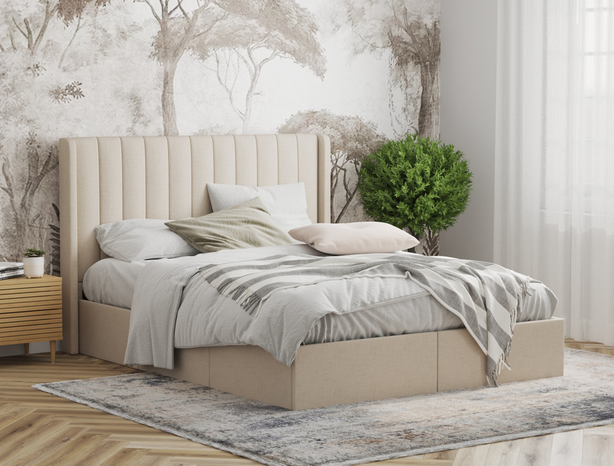 Tulawie Beige White Oak Drawer Bed Frame