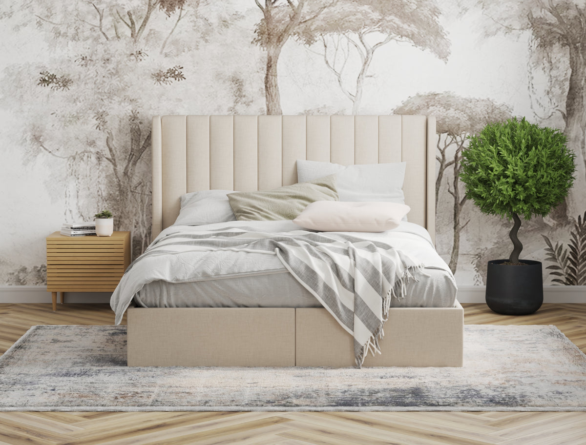 Tulawie Beige White Oak Drawer Bed Frame