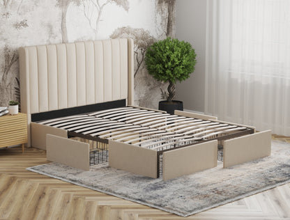 Tulawie Beige White Oak Drawer Bed Frame