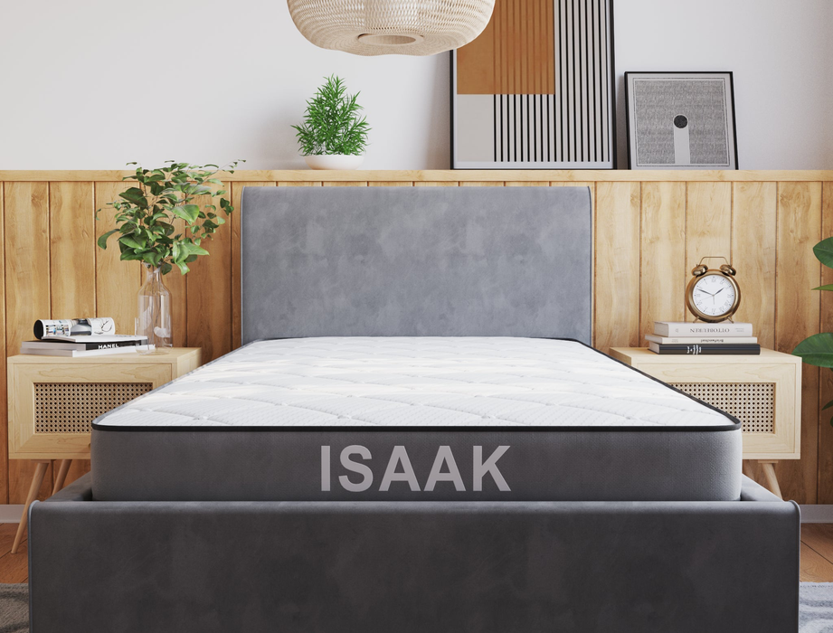 front view of a king single mattress on a bed frame in a bedroom from Isaak