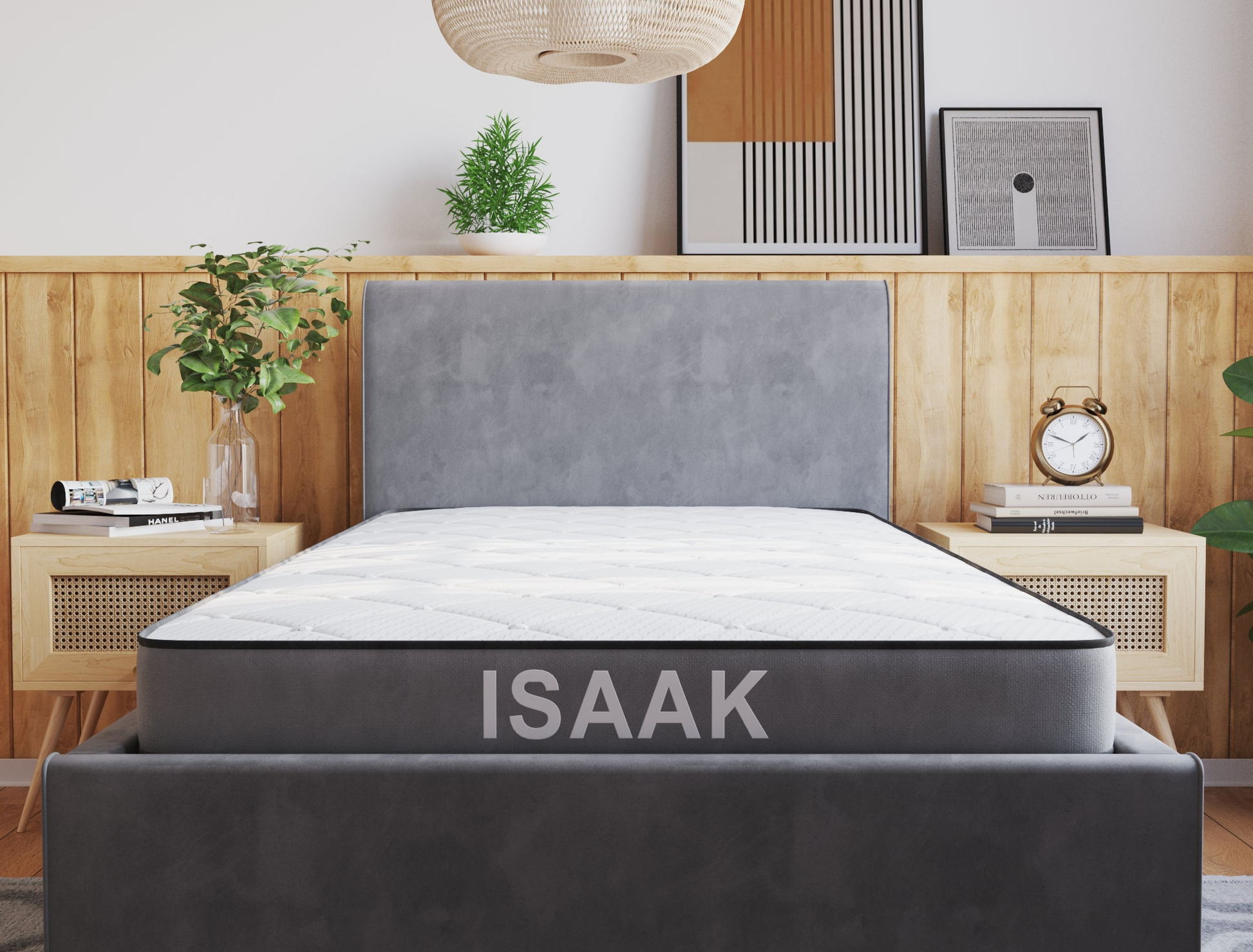 front view of a single mattress on a bed frame in a bedroom from Isaak