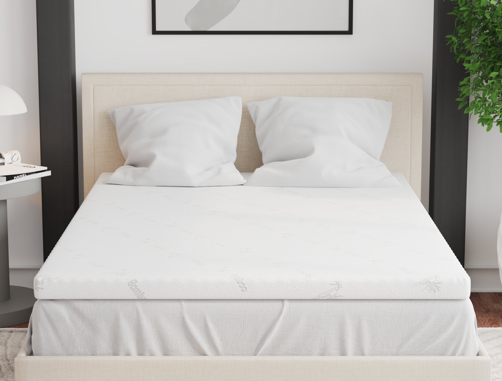 front view of a single mattress topper with two pillows on a bed frame in a bedroom from Isaak