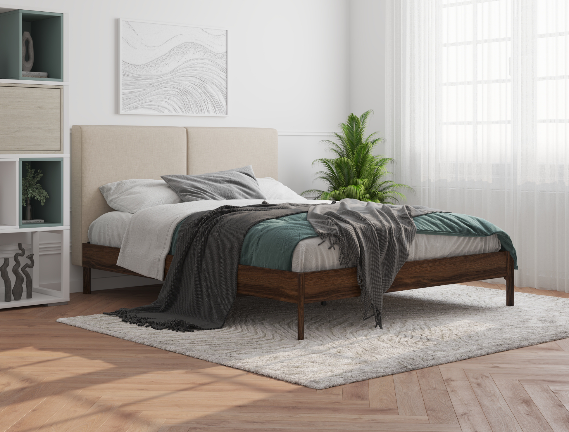 top view of a double bed frame with mattress and pillows in a bedroom from Isaak