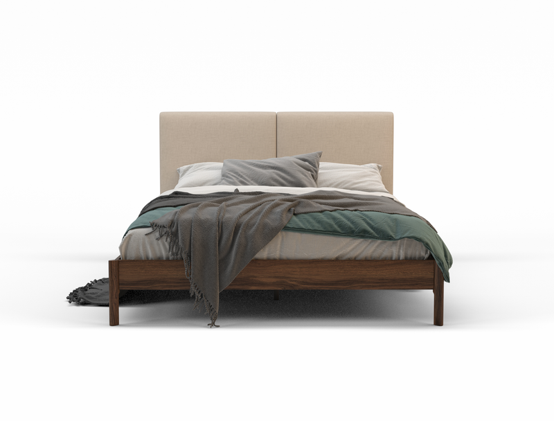 front view of a double bed frame with mattress and pillows in a white background from Isaak