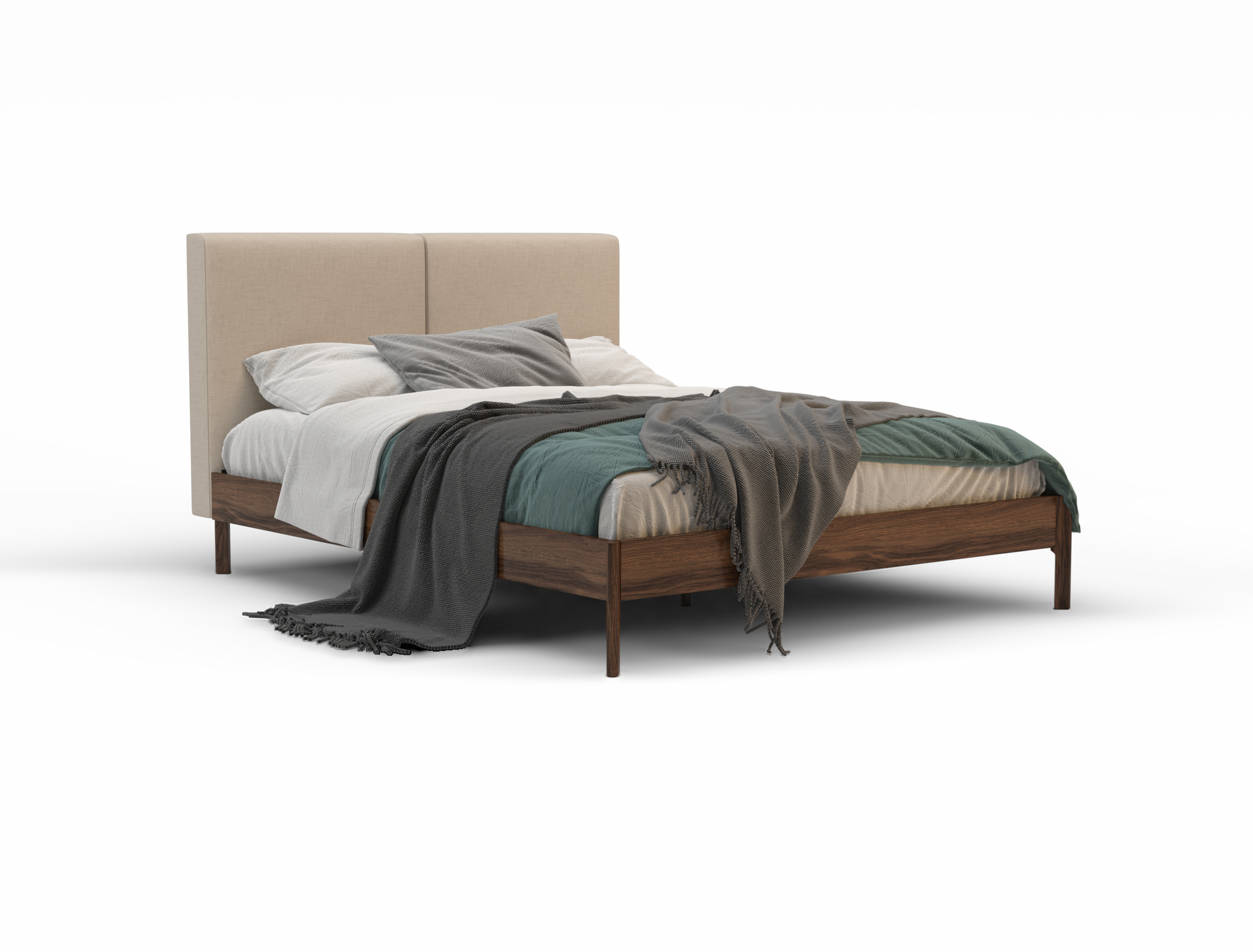 top view of a king single bed frame with mattress and pillows in a white background from Isaak