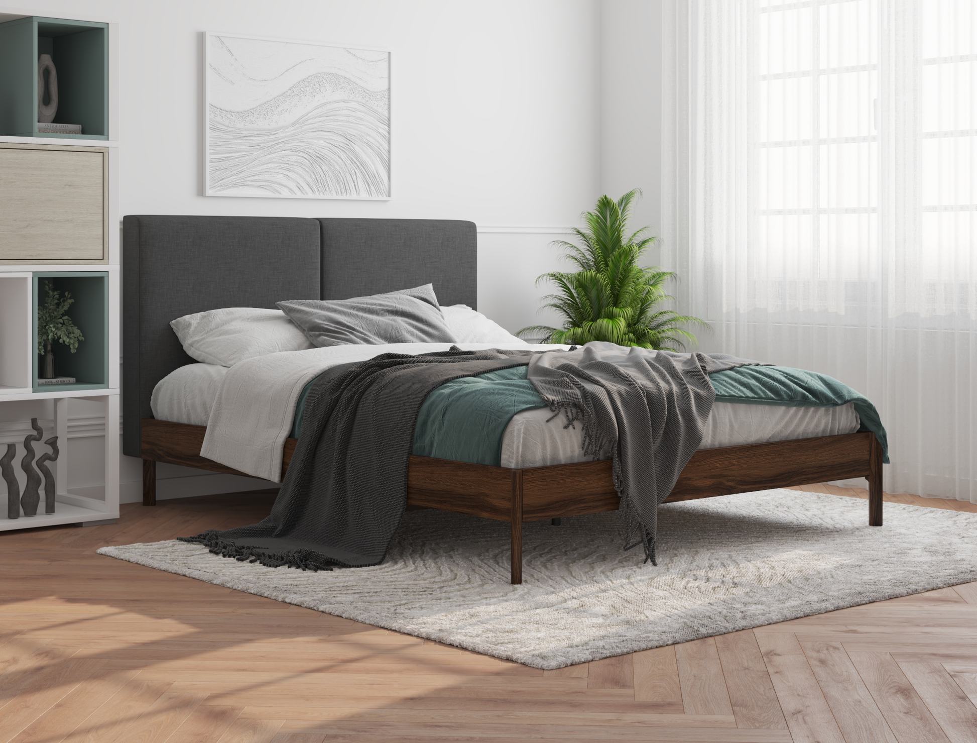 top view of a double bed frame with mattress and pillows in a bedroom from Isaak