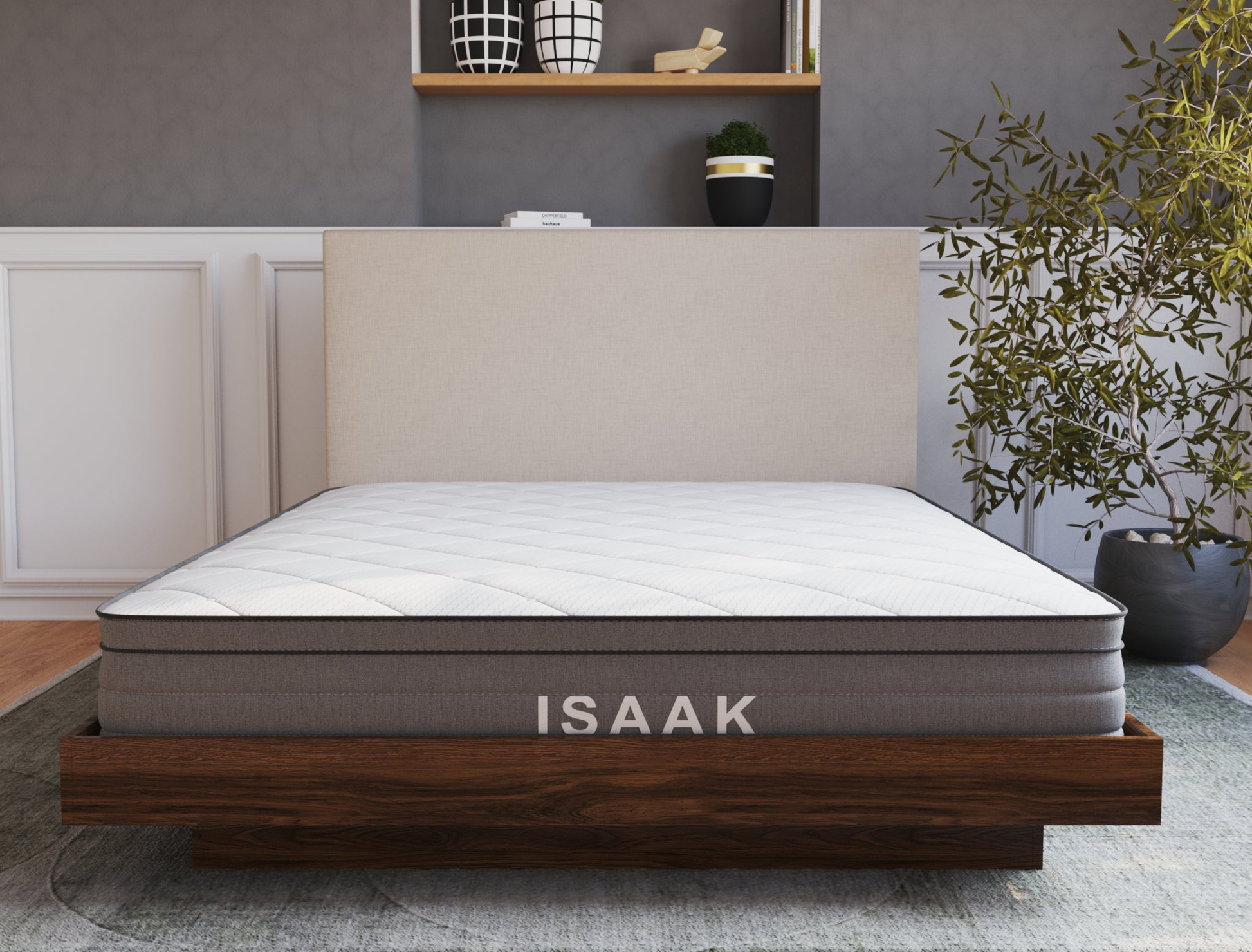 front view of a double mattress on a bed frame in a bedroom from Isaak