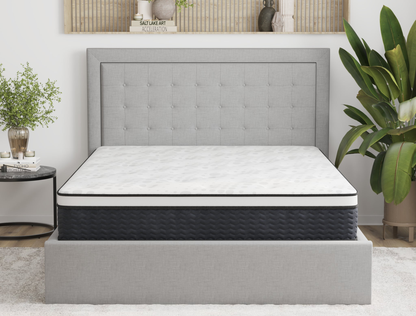 front view of a double mattress on a bed frame in a bedroom from Isaak