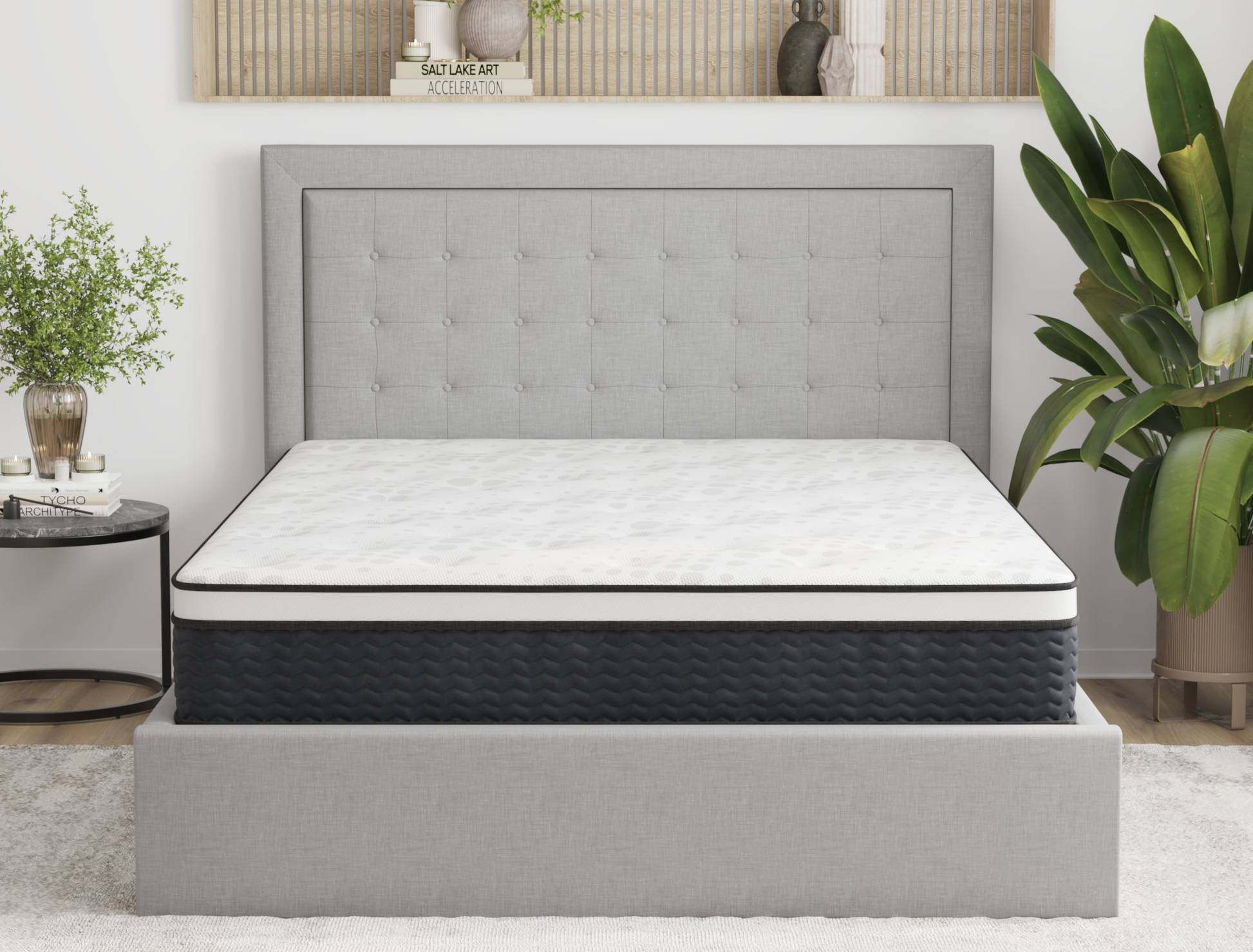 front view of a queen mattress on a bed frame in a bedroom from Isaak