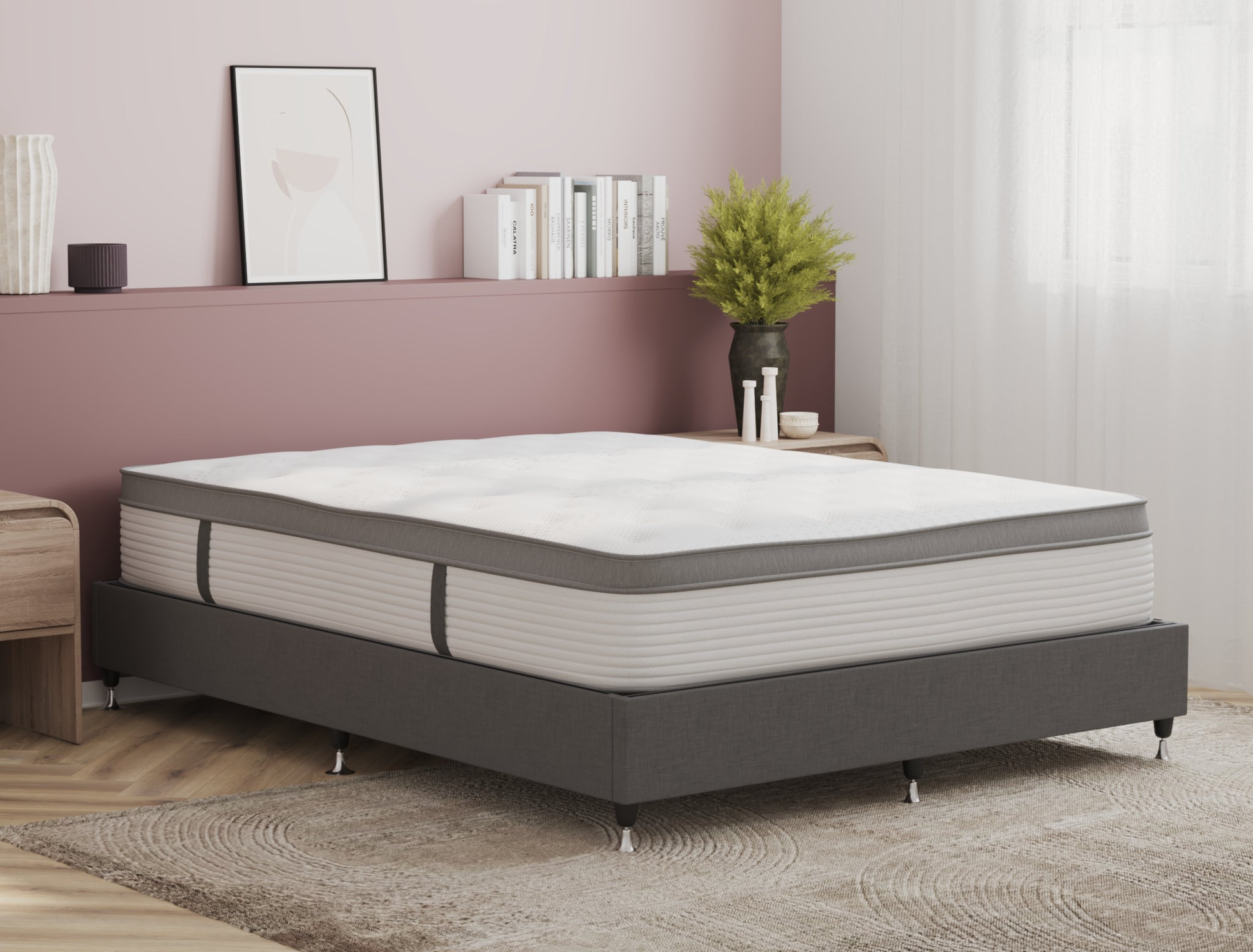 top view of a king mattress on a bed frame in a bedroom