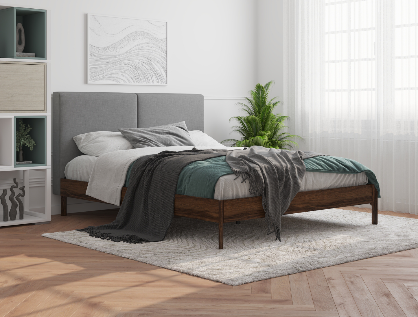 top view of a double bed frame with mattress and pillows in a bedroom from Isaak