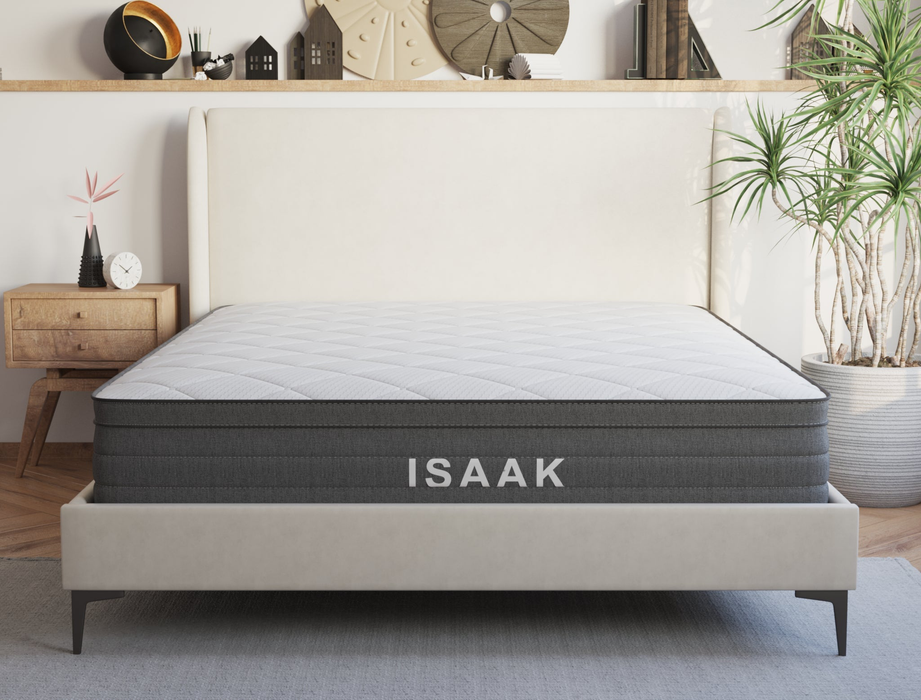 front view of a king mattress on a bed frame in a bedroom by Isaak