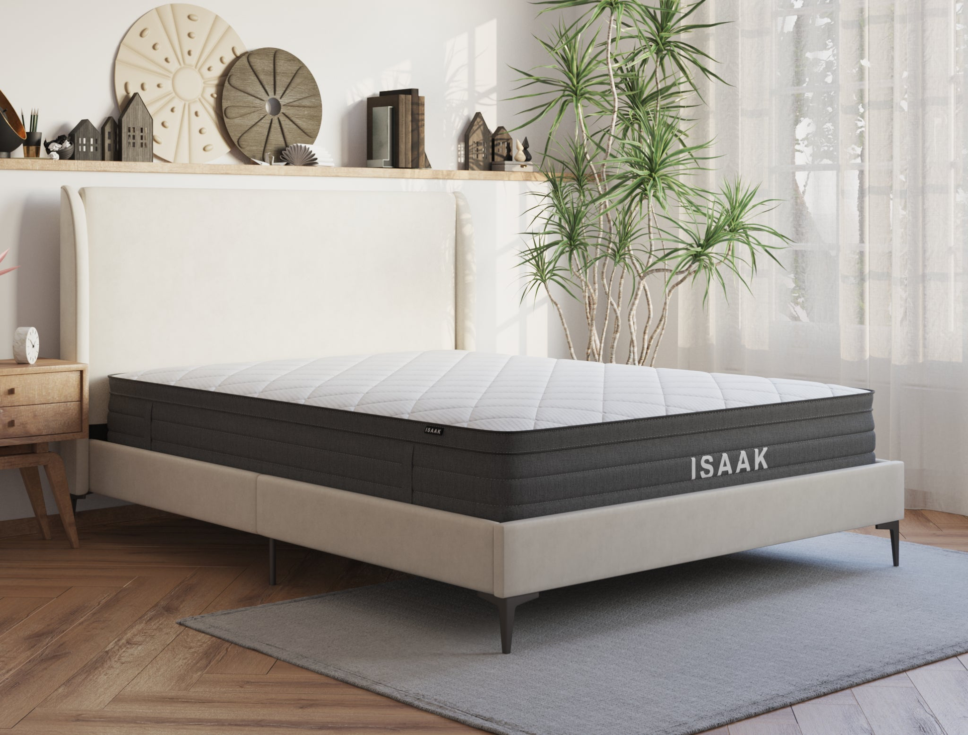 side view of a king mattress on a bed frame in a bedroom by Isaak