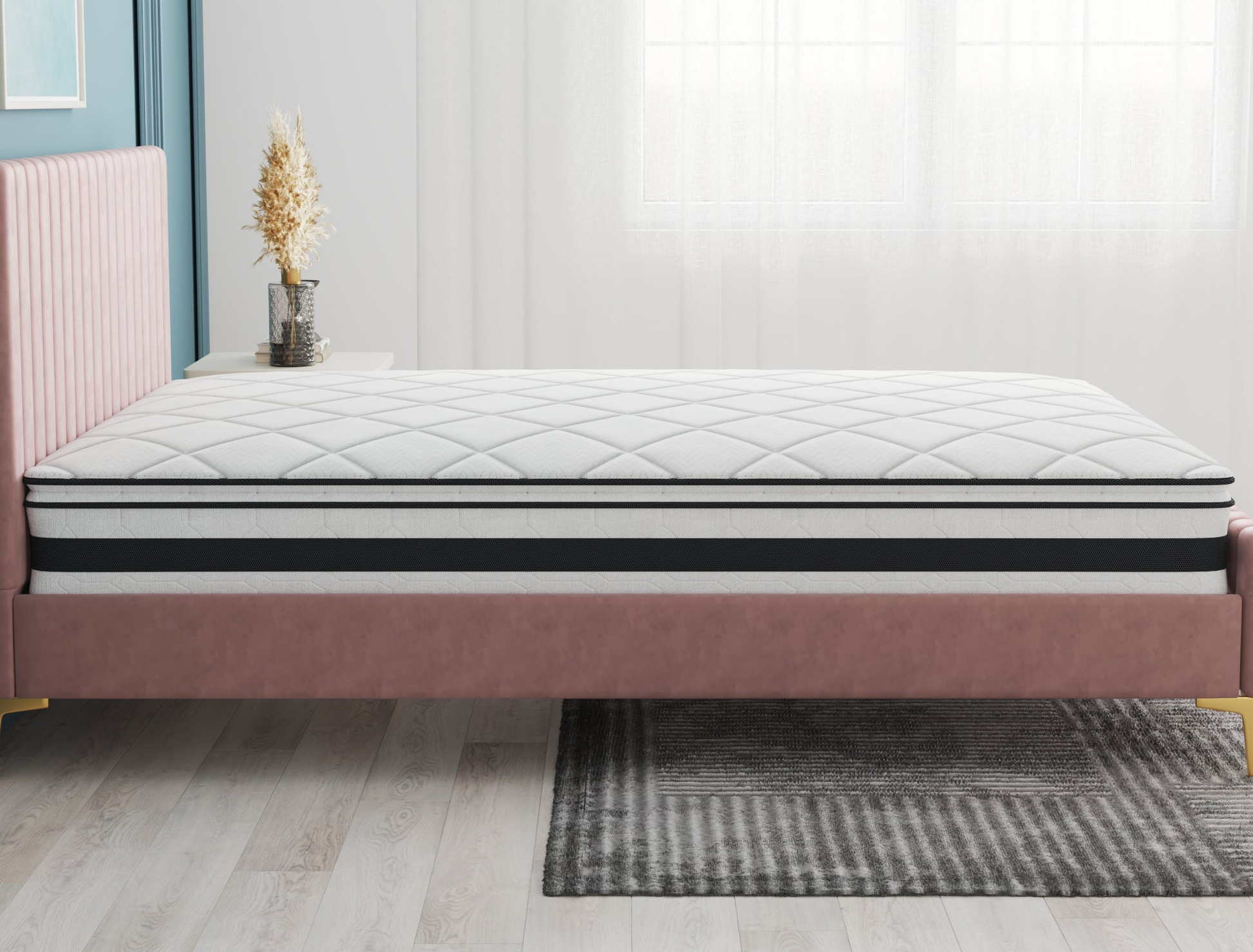 side view of a king mattress on a bed frame in a bedroom