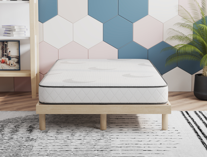 front view of a queen mattress on a bed frame in a bedroom from Isaak