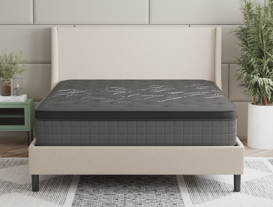 front view of a king mattress on a bed frame in a bedroom from Isaak