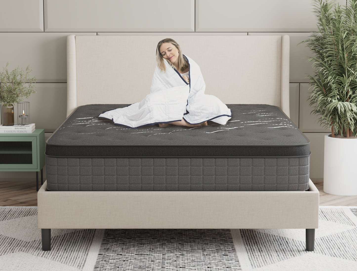 woman sitting on a single mattress on a bed frame in a bedroom from Isaak