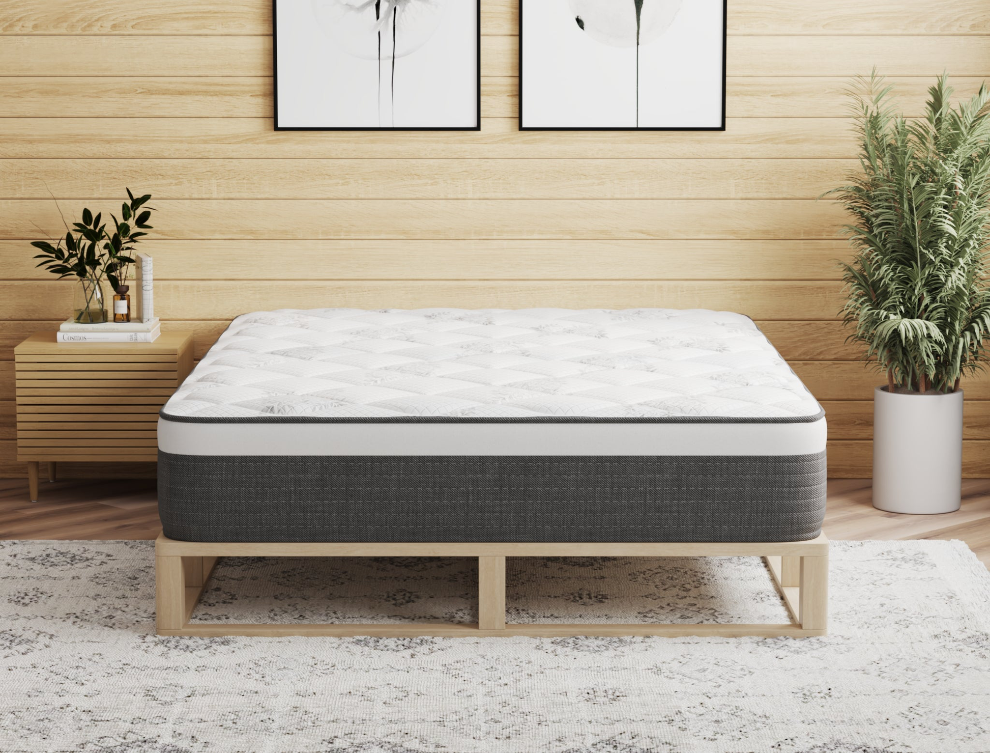 front view of a double mattress on a bed frame in a bedroom from Isaak