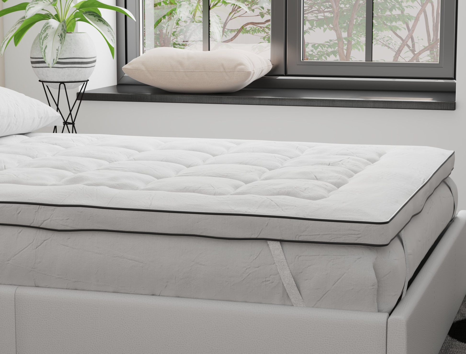 side view of a king single mattress topper on a bed frame in a bedroom from Isaak