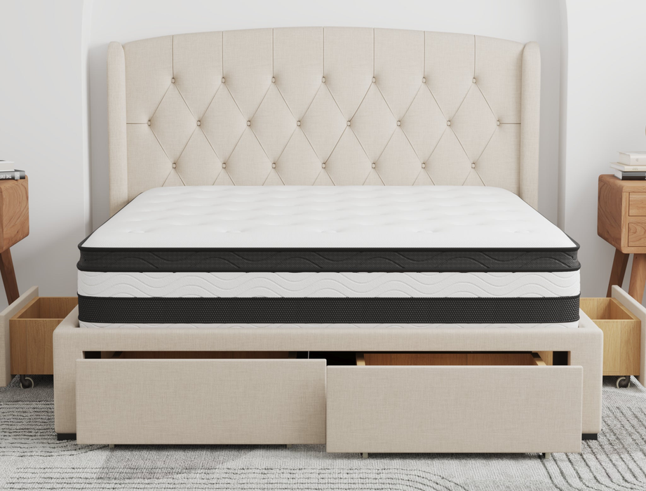 front view of a double mattress on a bed frame in a bedroom from Isaak