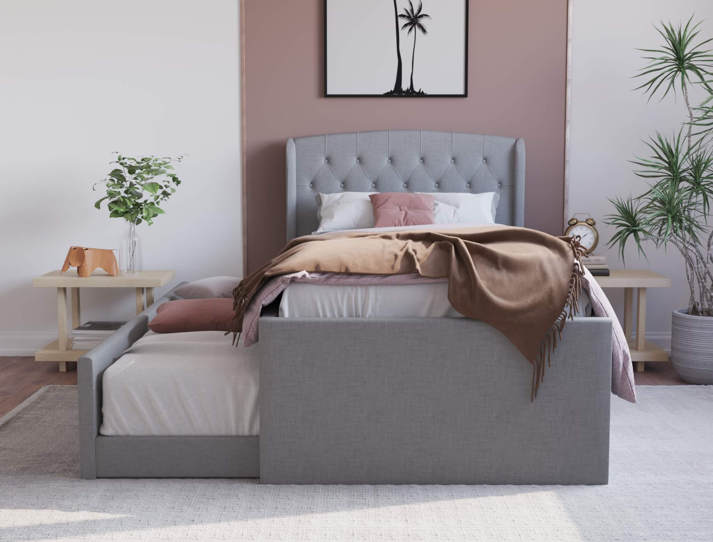 front view of a king single bed frame with mattress and pillows in a bedroom from Isaak