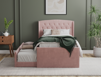 Jordanov Trundle Pink Velvet King Single Bed Frame