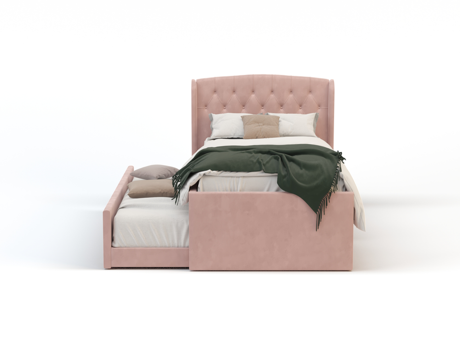 front view of a king single bed frame with mattress and pillows in a white background from Isaak