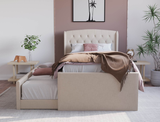 front view of a king single bed frame with mattress and pillows in a bedroom from Isaak