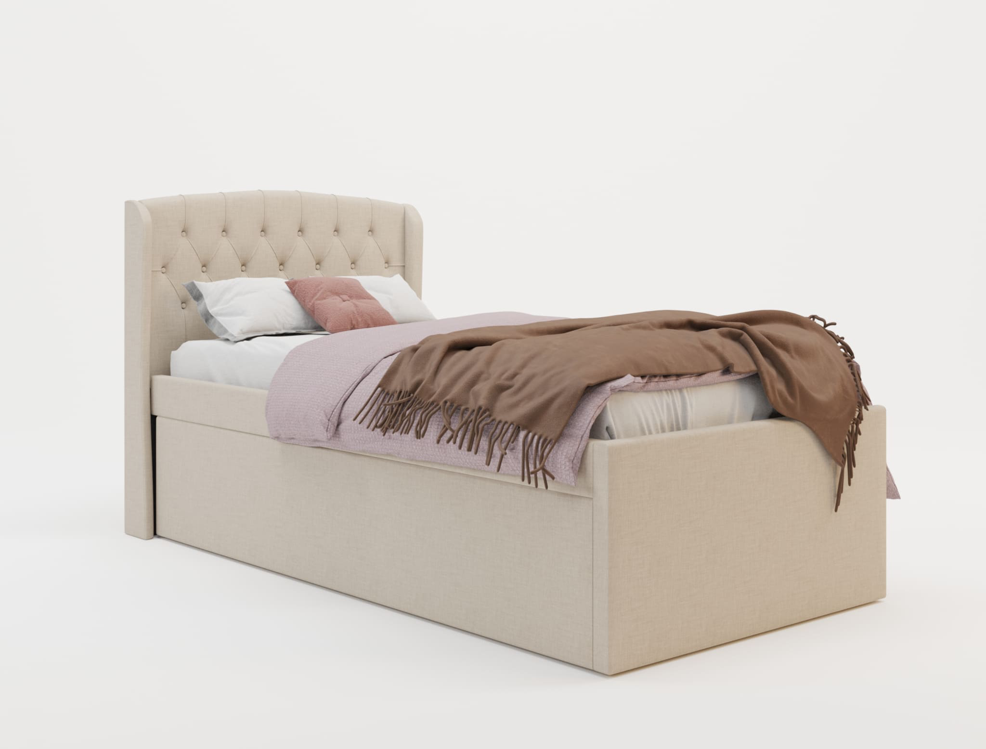 top view of a king single bed frame with mattress and pillows in a white background from Isaak 2