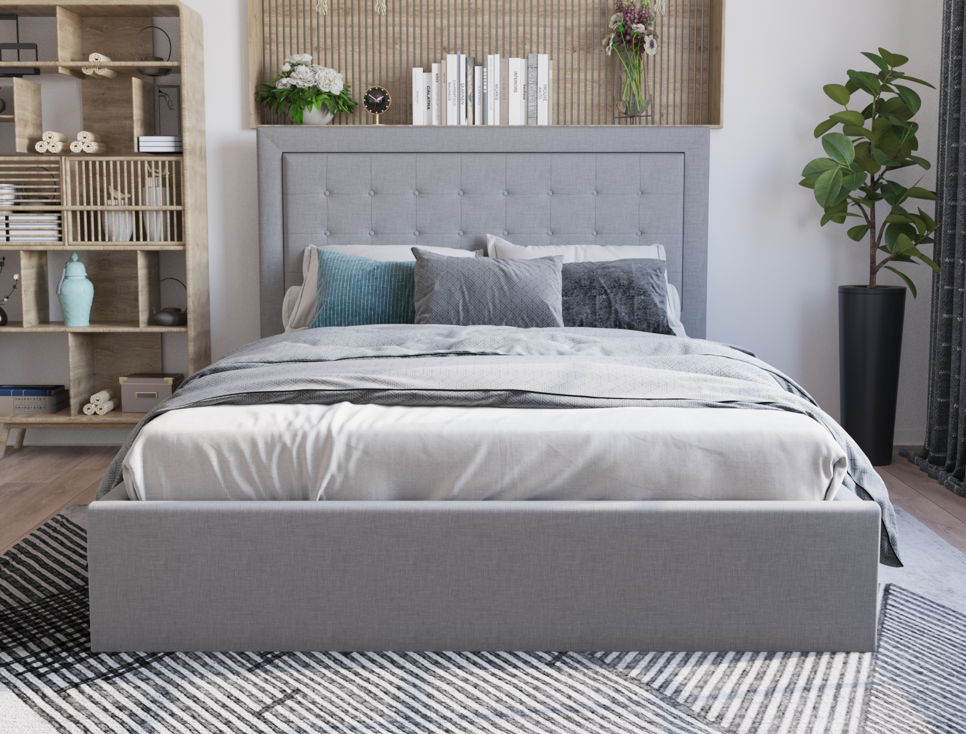 front view of a double bed frame with mattress and pillows in a bedroom from Isaak