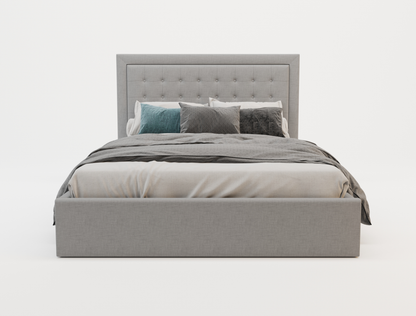 front view of a double bed frame with mattress and pillows in a white background from Isaak