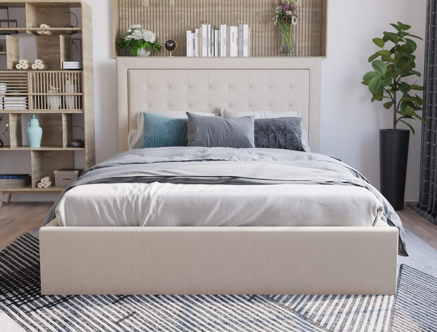 front view of a double bed frame with mattress and pillows in a bedroom from Isaak