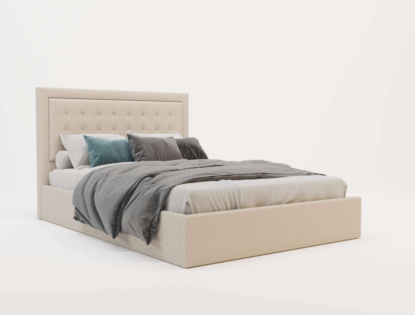 top view of a double bed frame with mattress and pillows in a white background from Isaak