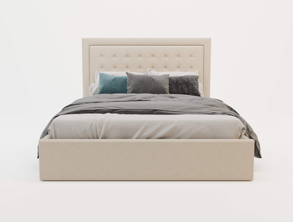 front view of a double bed frame with mattress and pillows in a white background from Isaak