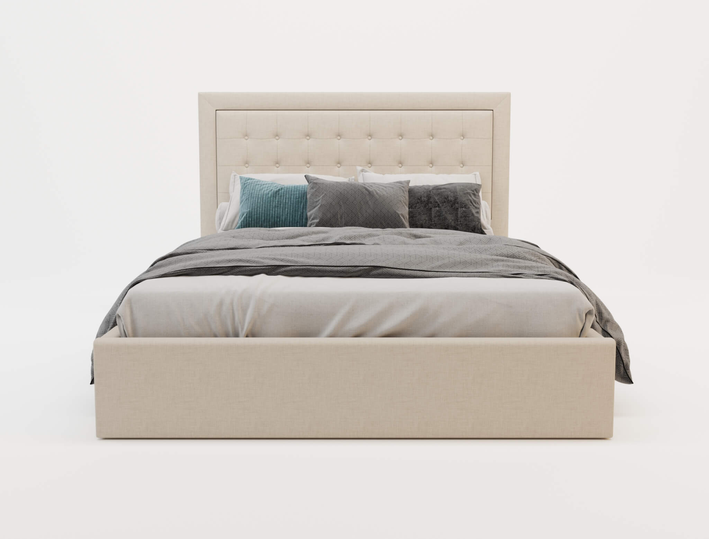 front view of a king bed frame with mattress and pillows in a white background from Isaak