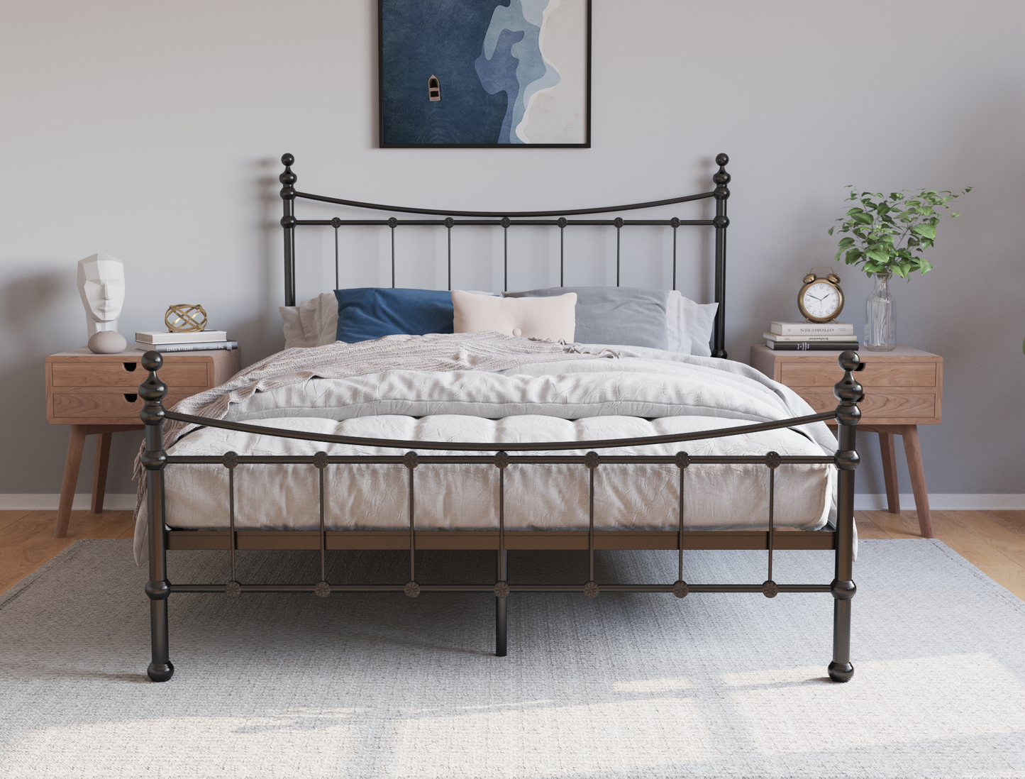 front view of a double bed frame with mattress and pillows in a bedroom from Isaak