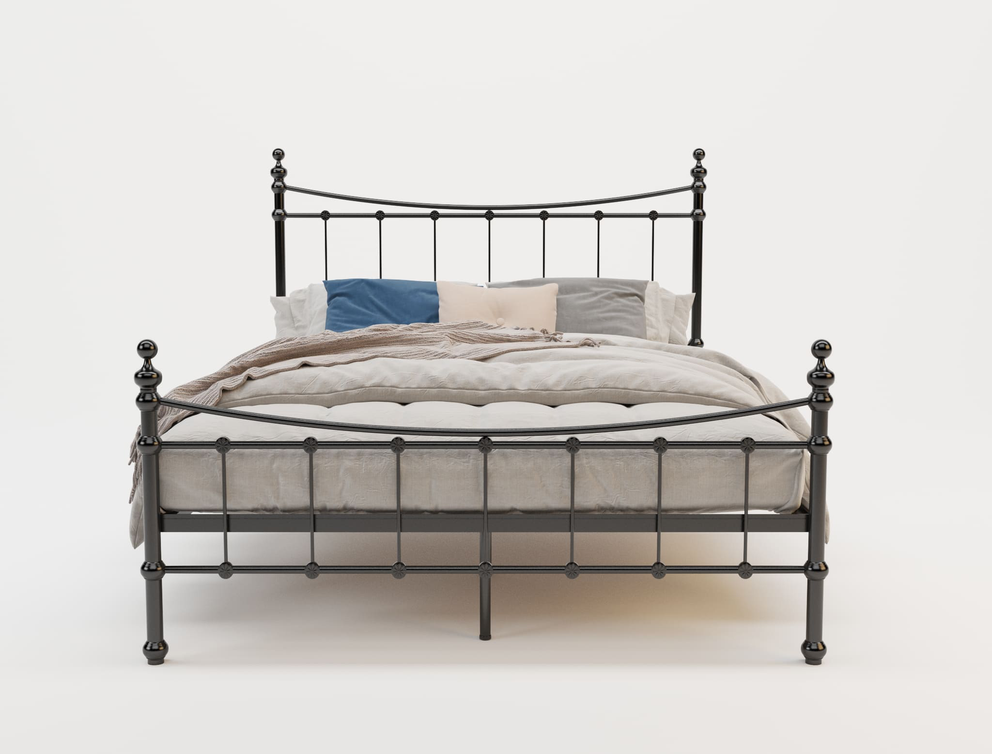 front view of a double bed frame with mattress and pillows in a white background from Isaak