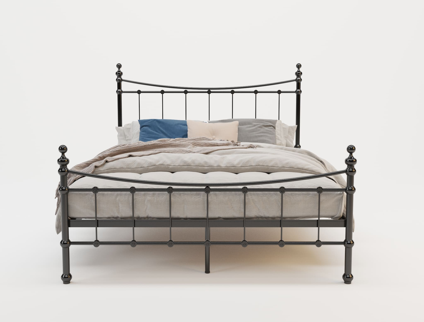 front view of a queen bed frame with mattress and pillows in a white background from Isaak