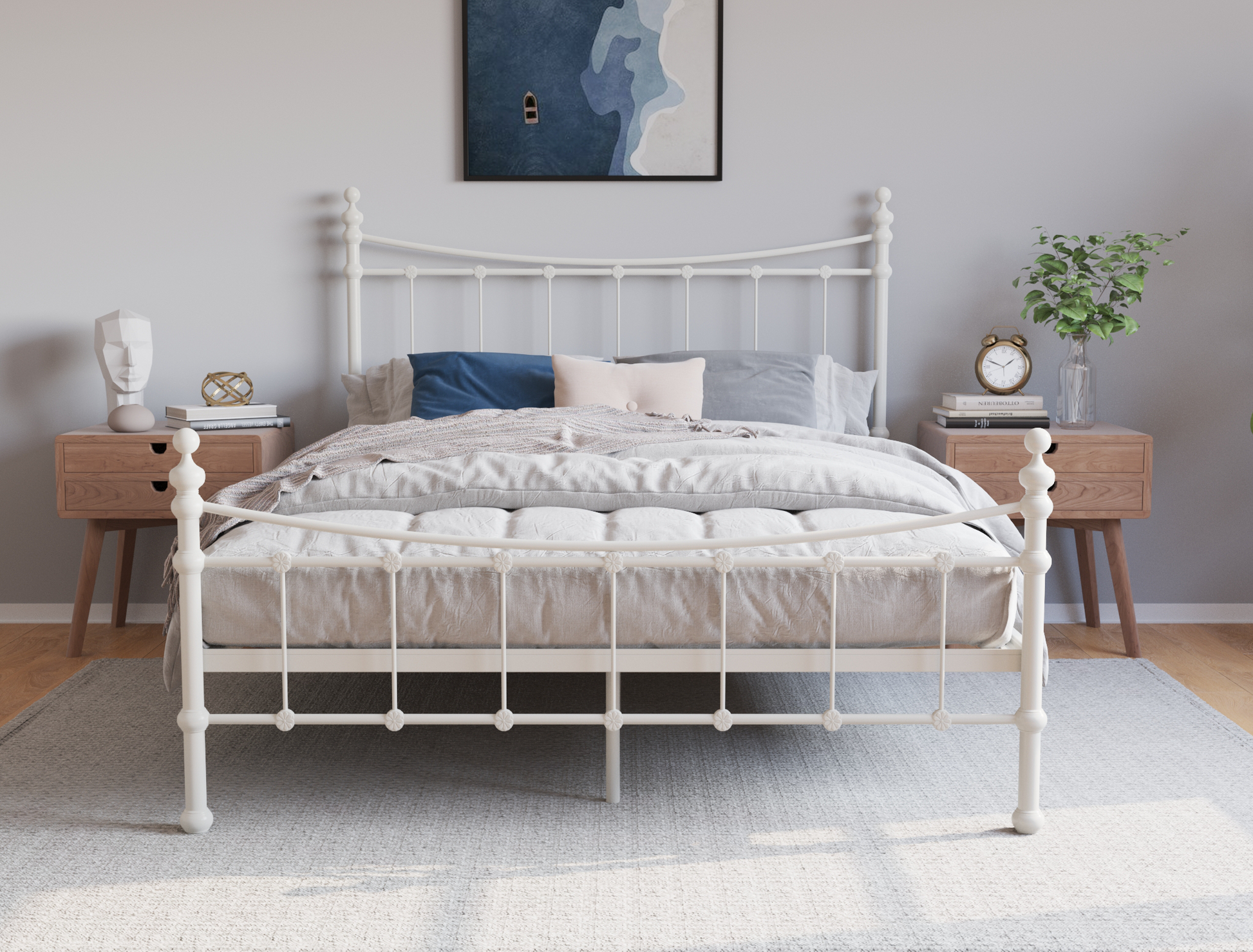 front view of a double bed frame with mattress and pillows in a bedroom from Isaak