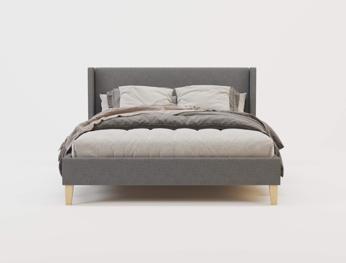 front view of a double bed frame with mattress and pillows in a white background from Isaak