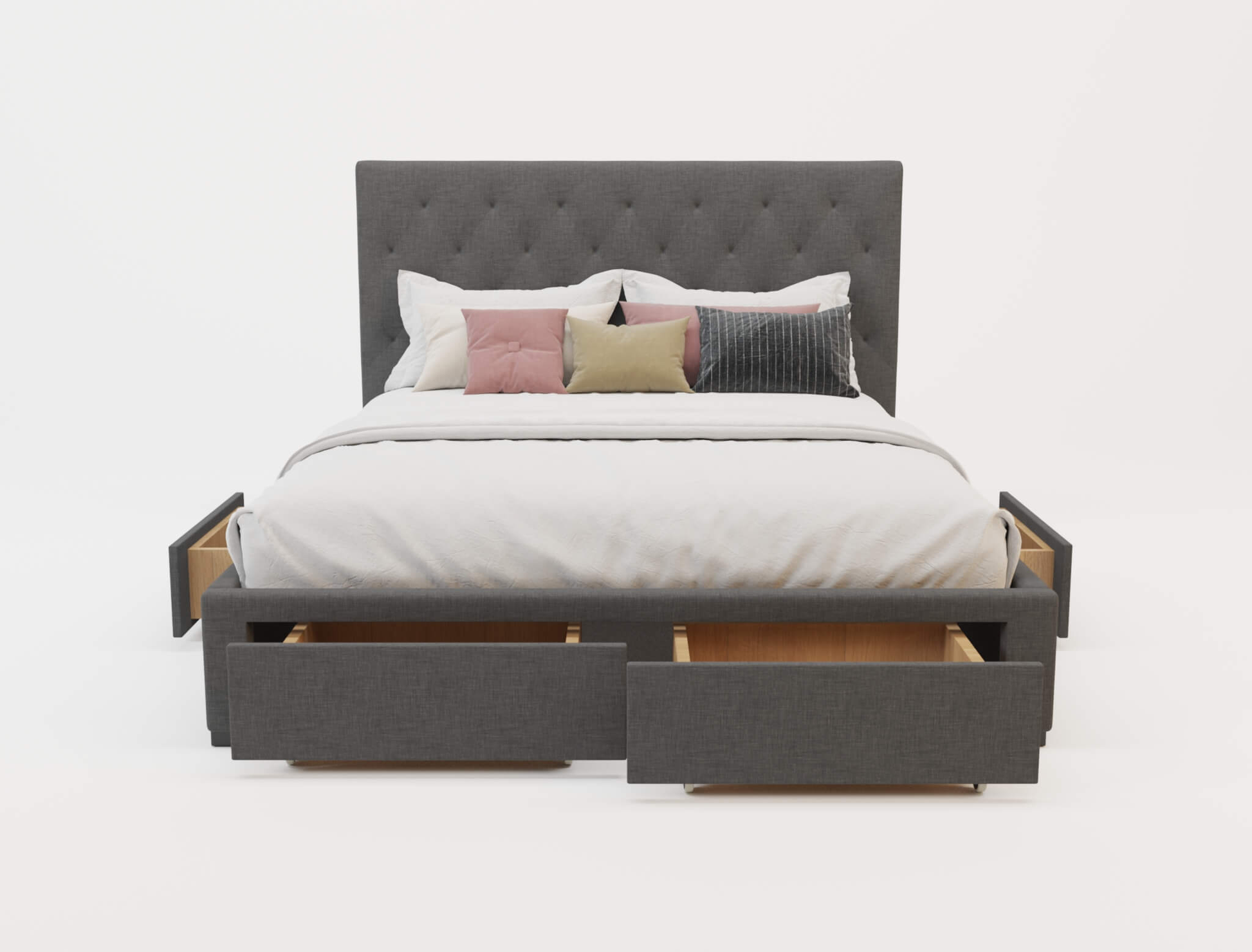 front view of a double bed frame with mattress and pillows in a white background from Isaak